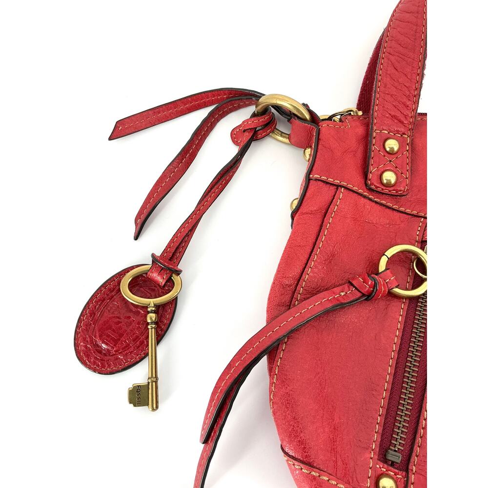 Fossil Y2K Red Leather Satchel Crossbody Bag Brass Hardware - Picture 2 of 15